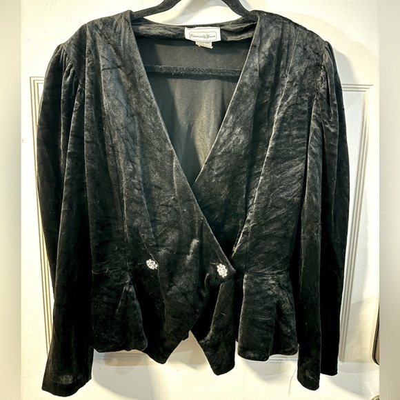 Vintage 80’s Black Velvet Wrap Front Rhinestone Cropped Blazer Fancy Party Top - Picture 1 of 12